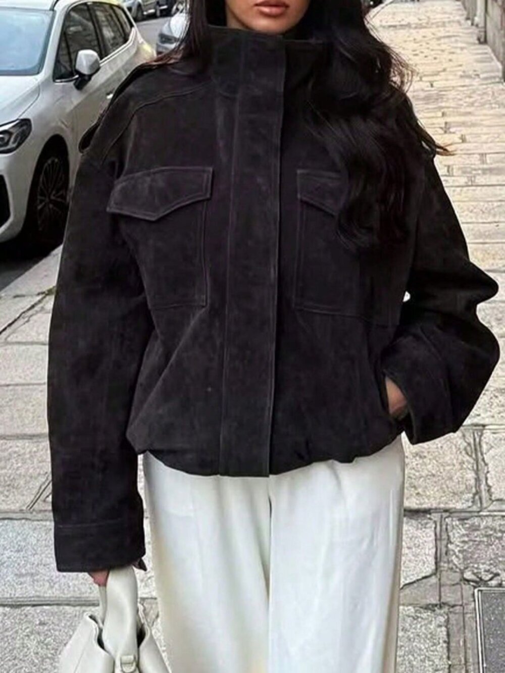 Black Casual Women's Contemporary Faux Suede Jacket